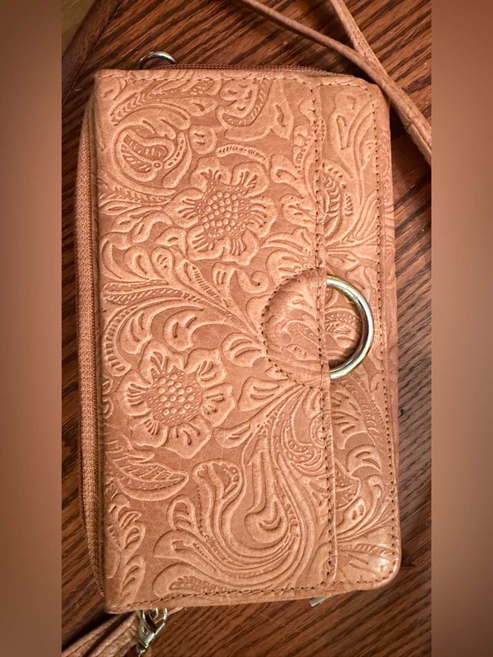 Bueno Leather Embossed Floral Crossbody Bag in Tan